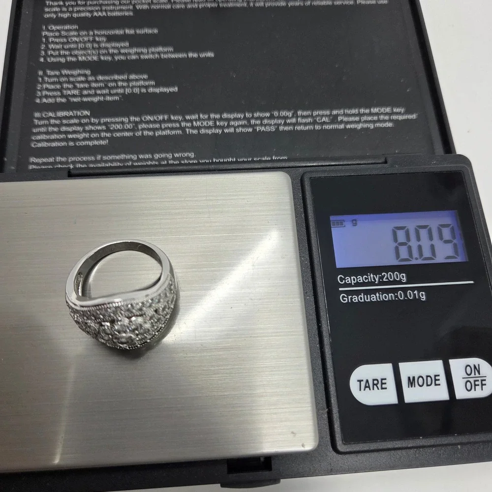 Vintage Sterling Silver Rhodium CZ Flower Dome Cocktail Statement Ring Size‎ 8